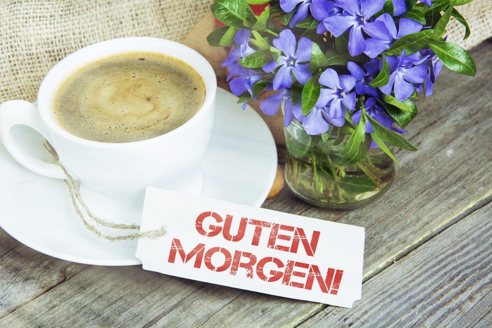 Coffee Mug With Vinca Flowers And Note Guten Morgen Good Morning In German
